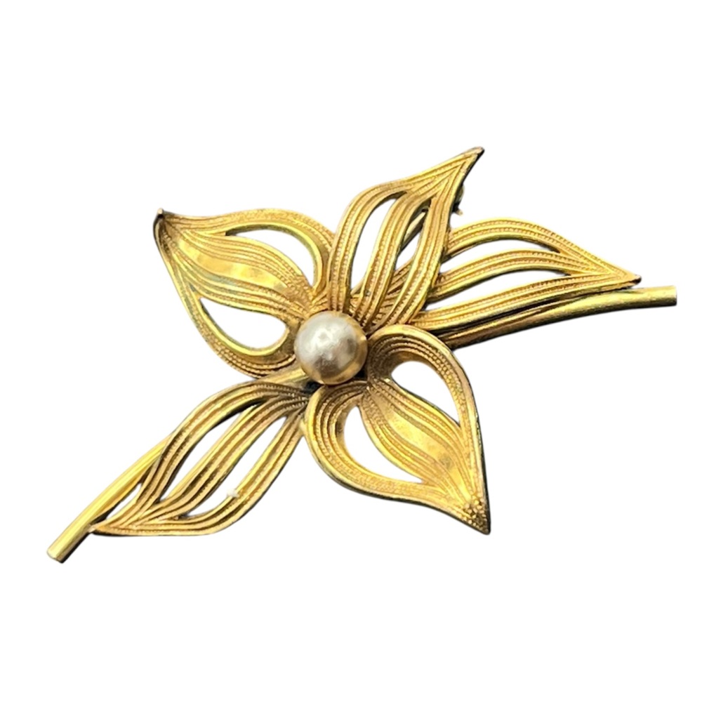 Forstner 12k gold filled flower brooch pin faux pearl vintage